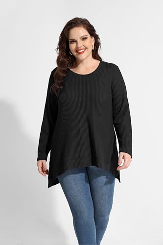 Image of RITERA Plus Size Women Sweaters Waffle Knit Pullover Top Long Sleeve Casual Crewneck Shirt Loose Split Hem Fall Winter Blouse