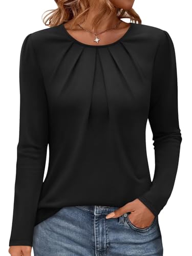 Micticsi Womens Tunic Tops Long Sleeve Shirts Office Work Pleated Shirt Loose Fit Fall Winter Top Trendy Clothes 2025 Black