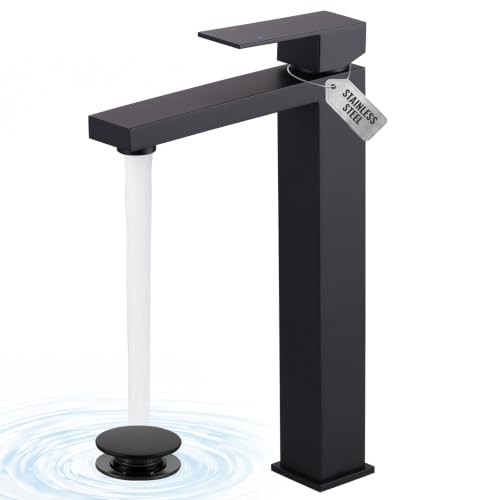Vessel Sink Faucet Matte Black, ARCORA Single Handle Tall Bathroom Faucet, Single Hole Lavatory Vanity Mixer Tap with Pop Up Drain and Faucet Supply Lines