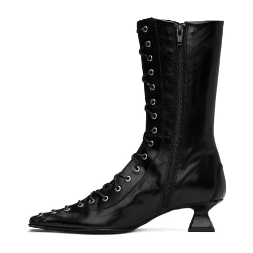 Seborluys Womens Vintage Victorian Boots 70s Lace up Mid Calf Boots Mid Heel Witch Granny Booties Costume Shoes Cone Heel Zipper Square Toe2