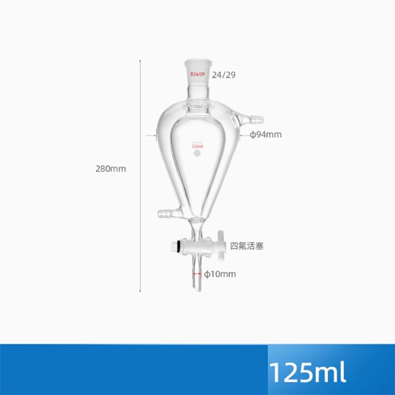 Dwuwarstwowy lejek do oddzielania cieczy w kształcie gruszki — sferyczny, stożkowy tłok ze szkła tetrafluorowego — do użytku laboratoryjnego, 1 szt.(125ml)