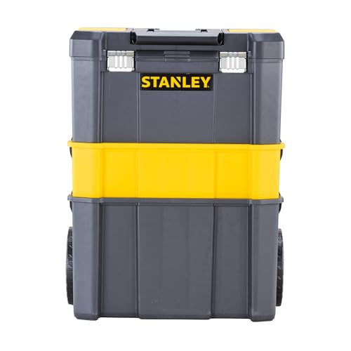 STANLEY Essential Rollende Werkstatt (3-in-1 stapelbare Boxen, leerer Werkzeugkasten, belastbar bis zu 20kg, mit Metallverschlüsse, Organizer für Kleinteile im Deckel) STST1-80151