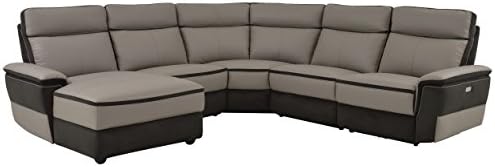 Homelegance Laertes Two-Tone 5 Piece Power Reclining Sectional Sofa with Left Side Chaise Top Grain Leather Fabric Match, Light Grey