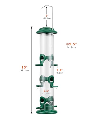 iBorn Metal Bird Feeders 6 Ports Hanging Wild Bird Seed Feeder for Mix Seed Blends, Niger Seed Feeder, Sunflower Heart, Birdbath, Heavy Duty All Metal Green Finishing 14 Inch 6Port