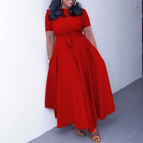 Image of BFFBABY Plus Size Dress A Line Dresses for Women Summer Long Dresses with Sleeve Casual Belted