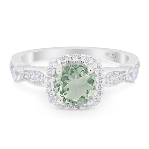 OMRANII Art Deco Round Natural Green Amethyst Prasiolite Vintage Style Cushion Cut Halo CZ Wedding Engagement Rings For Women 925 Sterling Silver Gifts For Her