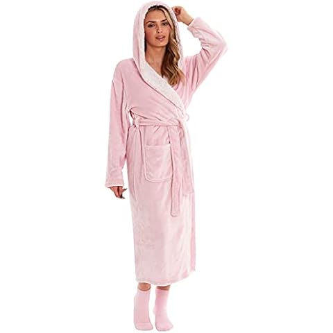 KATE MORGAN Ladies Dressing Gown Soft Plush Bath Robe for Women Housecoat Loungewear Bathrobe with Lounge Socks set, Gifts for Women (Large, Pink with Socks) Cover