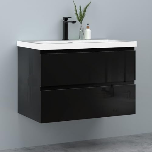 Biubiubath Badezimmermöbel 80cm Rechteckiges Mineralguss-Waschbecken mit Unterschrank Badmöbel Set Badezimmerschränke mit 2 Soft-Close Schubladen Hochglanz Schwarz