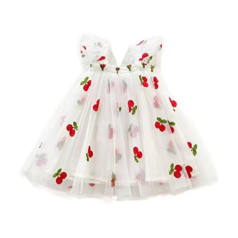 Wbesty Tulle Puffy Butterfly Dresses for Baby Girls with Ruffle Sleeve Design, Cherry Embroidery/White/3-4T Cover