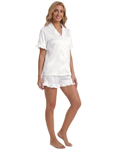 Image of Umenlele Women's 2 Piece Satin Pajama Set Cute Ruffle Short Sleeve Button Down Shirt with Shorts Summer Pjs