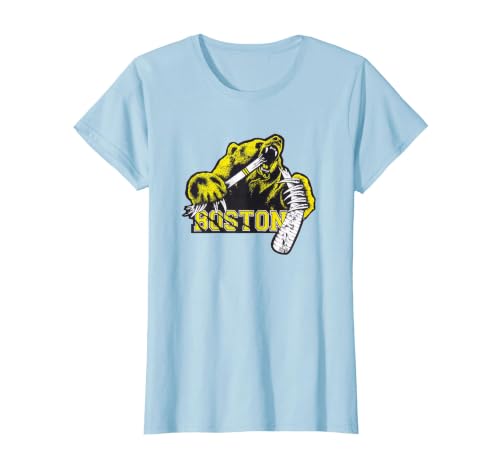 Grizzly Bear Biting Hockey Stick Claws Through Words Boston T-Shirt, Women, Baby Blue, Large
