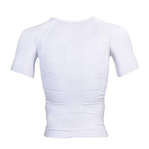 Odoland Men's Body Shaper Slimming Shirt Tummy Vest Thermal Compression Base Layer Slim Muscle Short Sleeve Shapewear, White L #TOP26