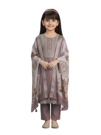 Image of Girls Ethnic Embroidered Silk Kurta Pant and Jacquard Dupatta Set | Kids Salwar Suit | three piece Traditional Outfit