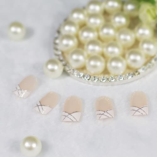 Natural Nude Pink White French Nails Press On False Nails Silver Glitter Line Squoval Fake Nails Medium Short Full Cover Faux Ongles For Home Office Finger Wear Nail Art Tips #TOP4