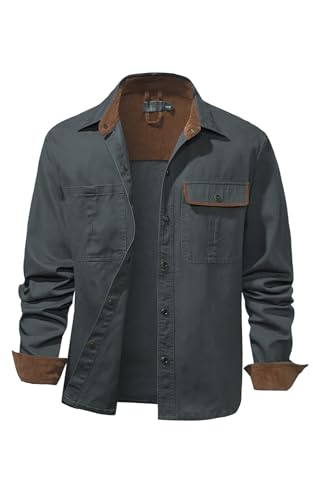 Mr.Stream Men's Washed Cotton Two Pockets Long Sleeve Work Snap Button Up Solid Corduroy Twill Shirt2