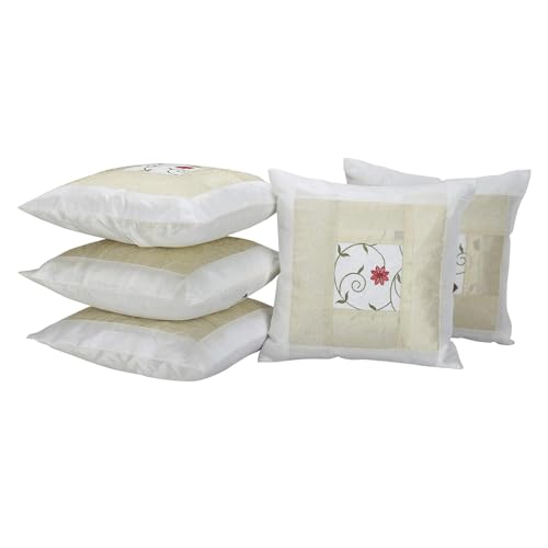 Image of Living Room Sofa Decor Flower Embroidered Silk Cushion Covers Scatter Cushion 16 X 16 Inches Set of 5 Pillowcase sham (White)