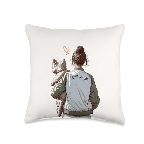 Cairn Terrier Mom Illustration I Love my Dog Back View Throw Pillow