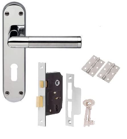 Golden Grace Mitred Door Handle On Backplate with 3 Lever Lock and 1 Pair of Butt Hinges in Duo Chrome Satin Finish - 182mm x 45mm