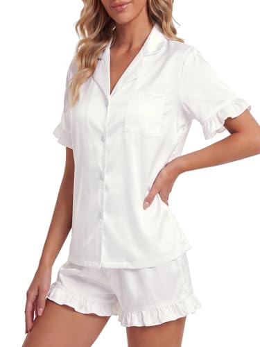 Image of Umenlele Women's 2 Piece Satin Pajama Set Cute Ruffle Short Sleeve Button Down Shirt with Shorts Summer Pjs