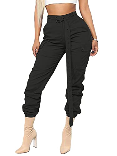 Rooscier Women's High Waisted Belted Jogger Pants Outdoor Cargo Pants With Pockets Black X-Large #TOP26
