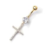 Niaspi CZ Cross Dangle Belly Button Rings 14G Stainless Steel Belly Navel Barbell Rings Sparkling Body Piercing Jewelry for Women (Gold)