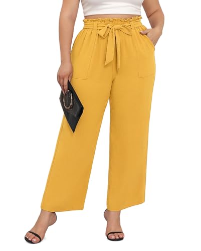 TIANZHU Plus Size Pants for Women - Wide Leg Linen Pants High Waisted Flowy Casual Lounge Trousers with Pockets