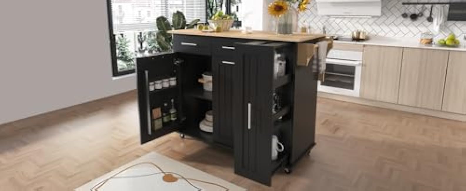 Versatile Kitchen Island with Drop Leaf for Enhanced Space Management, Mobile Storage Cart with Pull-Out Organizer, Two Drawers and Towel Rack, Black-sHSfzvY7