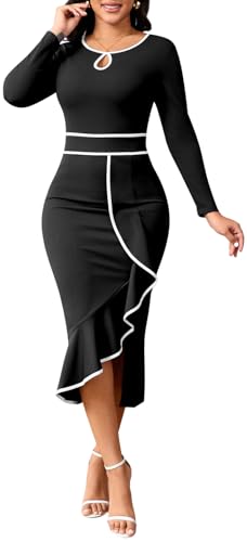 Image of Women's Elegant Church Vintage Bodycon Dress Casual Long Sleeve Work Business Pencil Split Sheath Midi Dresses