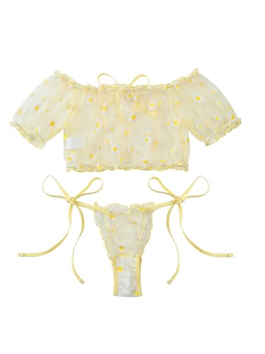 Image of Lilosy Sexy Stretch Ruffle Tie Sheer Mesh Lingerie Set Outfits