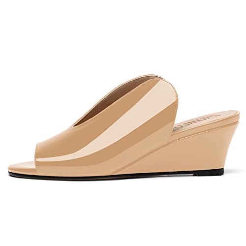 SHOWFOREST Women's Open Toe Casual Solid Slip On Outdoor Round Toe Patent Wedge Low Heel Pumps Shoes 2 Inch2