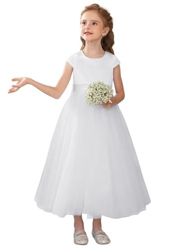 MCieloLuna Cap Sleeve Flower Girl Dress Satin Tulle First Communion Dresses for Girls Satin Party Ball Gown with Bow