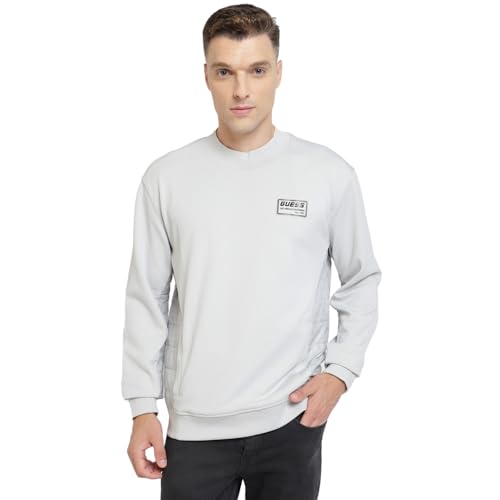 Image of GUESS Men Grey Solid Round Neck Full Sleeves Pullover Style Sweatshirt