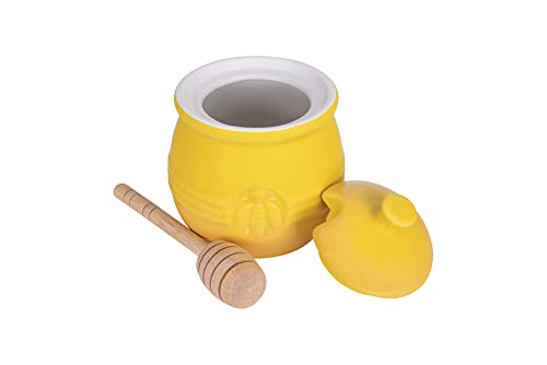 Creative Co-Op Farmhouse Embossed Stoneware Honey Pot With Wood Honey Dipper, Yellow #TOP2