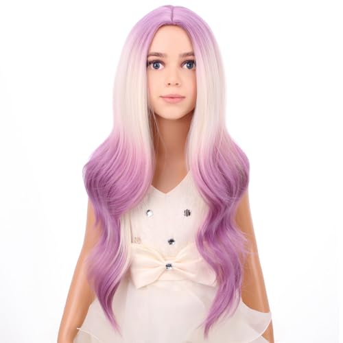 Image of PATTNIUM Blonde Ombre Purple Wig Kids Child Long Curly Wavy Light Purple Wig Blonde to Purple Wigs Middle Part Girls Heat Resistant Synthetic Hair Wigs