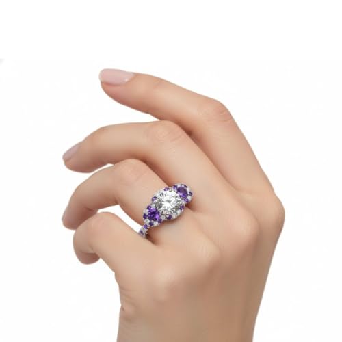 Image of 55Carat Choose Your Gemstone Delicate 3 Stone Halo Diamond CZ Ring Sterling Silver Round Shape Halo Engagement Rings Everyday Jewelry Wedding Jewelry Handmade Gifts for Wife US Size 4 to 12