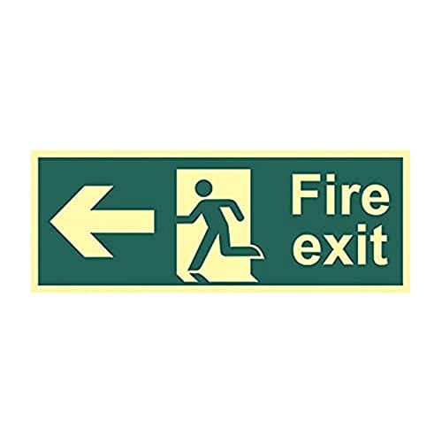 Image of CenturionFire Exit Running Man Arrow Left Sign - Fire Safety - Photoluminescent Glow In The Dark - Rigid PVC - 400mm x 150mm