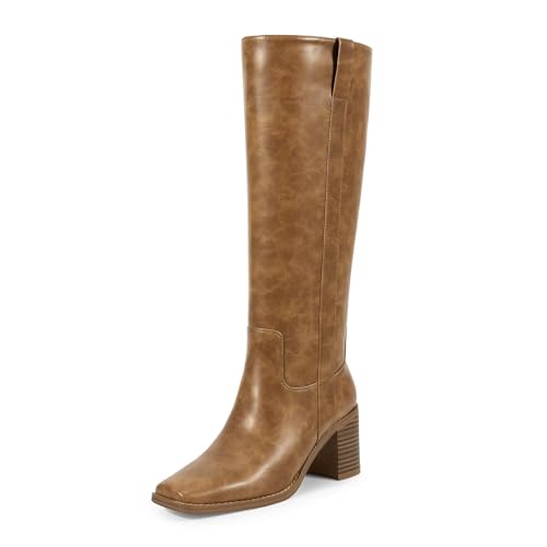 ISNOM Brown Knee High Boots for Women with Square Toe, Womens Brown Tall Boots with Zipper Casual Chunky Heel Knee High Riding Retro