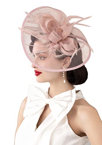 Zivyes Pink Kentucky Derby Hats for Women Feather Fascinator with Loops for Tea Party Large Hatinator Headband Wedding Hat
