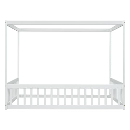 FEMICON Enhance Imagination with Full Size Canopy Floor Bed, Wooden Frame with Guardrails, for Kids, White