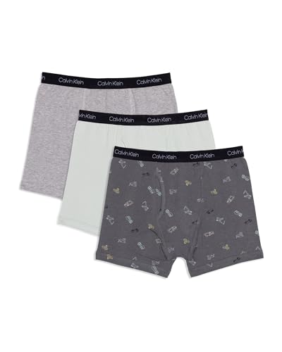 Calvin Klein Kids Boys' Modern Cotton Boxer Brief Underwear 3-Pack, Granite Grey Trucks/Slate Grey/Heather Grey, Medium