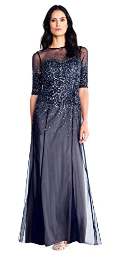 Image of Adrianna Papell Women's Beaded Illusion Dress | Long Sequin Evening Dress with Fitted Bodice & Tulle Skirt Overlay