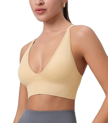 Image of Deep V-Neck Adjustable Women's Sports Bra | Wireless Longline Strappy Criss Cross Padded Spaghetti Straps Light Impact Workout Yoga Crop Top