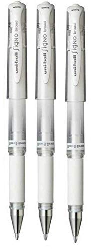 Uni Ball Signo Broad UM-153 Stylo roller blanc encre gel, pointe métal 1 mm, largeur de trait 0,65 mm, avec zone de préhension en caoutchouc (Lot de 3)