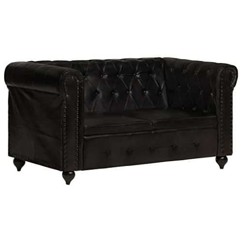 vidaXL Sofá Chesterfield de 2 Plazas Asiento de Salón Sillón Descanso Relajante de Suave Muebles de Hogar Oficina Cuero Auténtico Negro