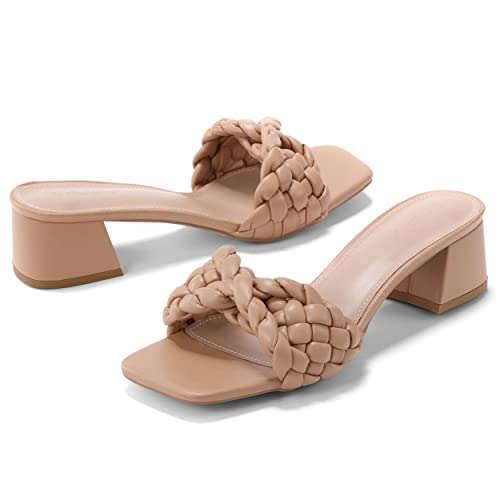 Piepiebuy Women's Braided Heeled Sandals Low Block Heel Square Open Toe Strap Slip On Slide Shoes #TOP6