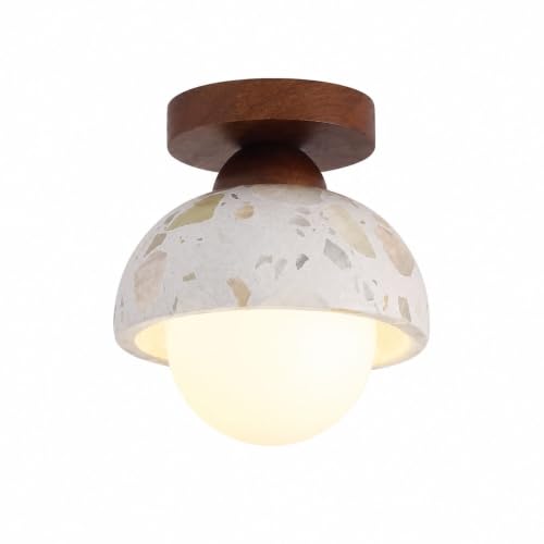 Jadssox Lámpara De Techo De Terrazo De Cúpula, Plafón De Madera, Pantalla De Cristal De Leche, Piedra Nórdica Cerca De Las Luces De Techo For Pasillo, Dormitorio, Entrada, Armario, Cocina(Walnut)