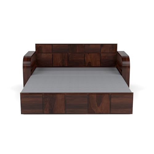 Image of Mamta Furniture Sheesham Wood Sofa Cum Bed with Storage for Living Room Bedroom | Wooden Diwan Sofa Set with Grey Mattress | Solid Wood Sofa Bed in Walnut Finish
