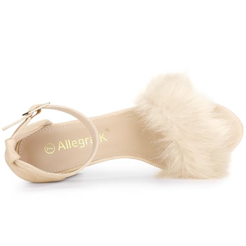 Allegra K Allegra K Women's Ankle Strap Faux Fur Block Heels Beige Sandals 11 M US