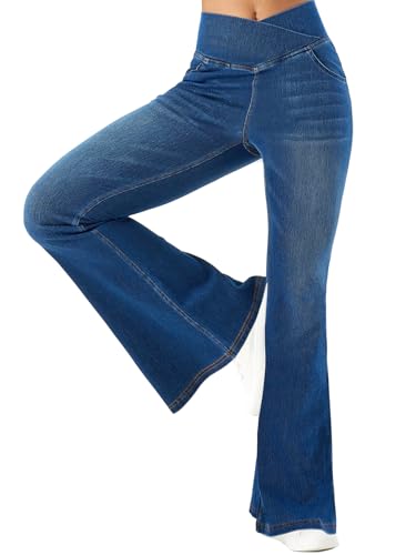 MONCCIZA Bell Bottom Jeans for Women High Waisted Stretchy Flare Jeans Pull On Crossover Wide Leg Flared Pants with Pockets Medium Blue
