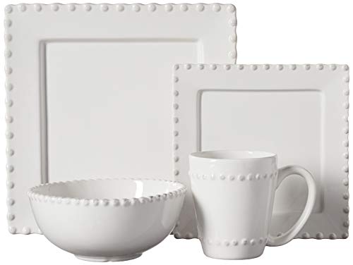 American Atelier Bianca Bead 16-Piece Ceramic Square Dinnerware Set -4 Dinner & 4 Salad Plates, 4 Bowls, 4 Mugs – Gift For Special Occasion, Party, Or Birthday, White #TOP1